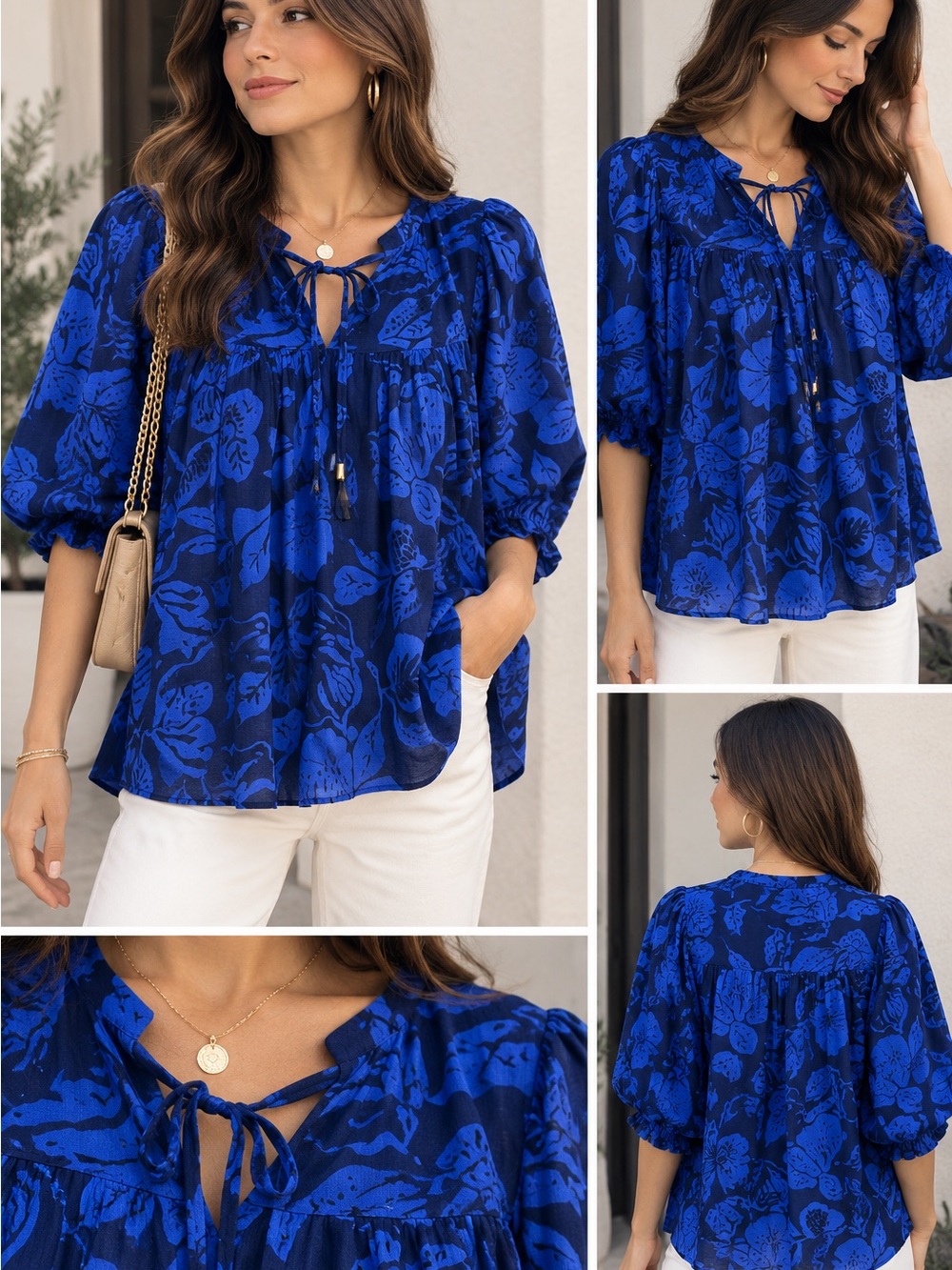 Bright Blue Floral Tie-Front Puff Sleeve Blouse